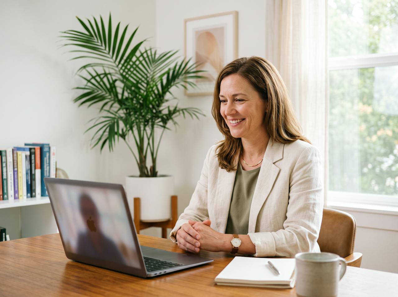 Licensed provider smiling during a video consultation at her desk